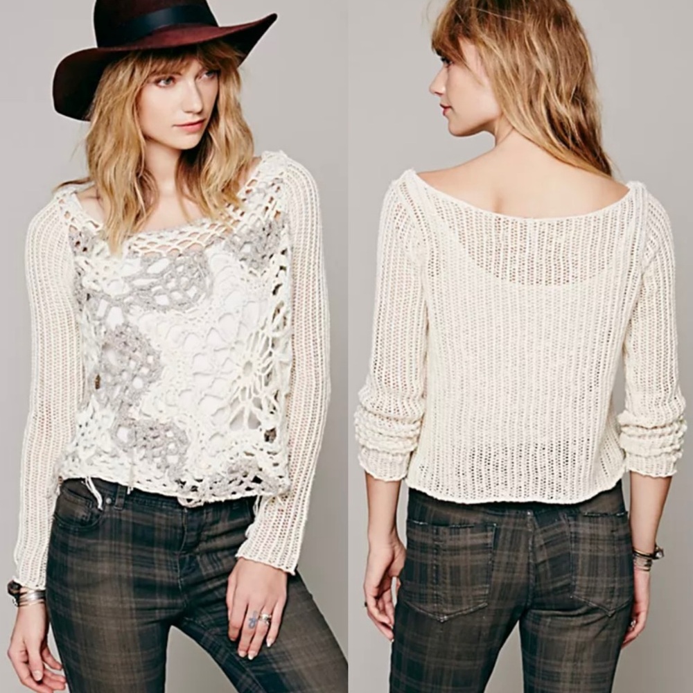 Free People Snowflakes In Crochet Pullover Sweater Open Knit Cream Size M Boho‎